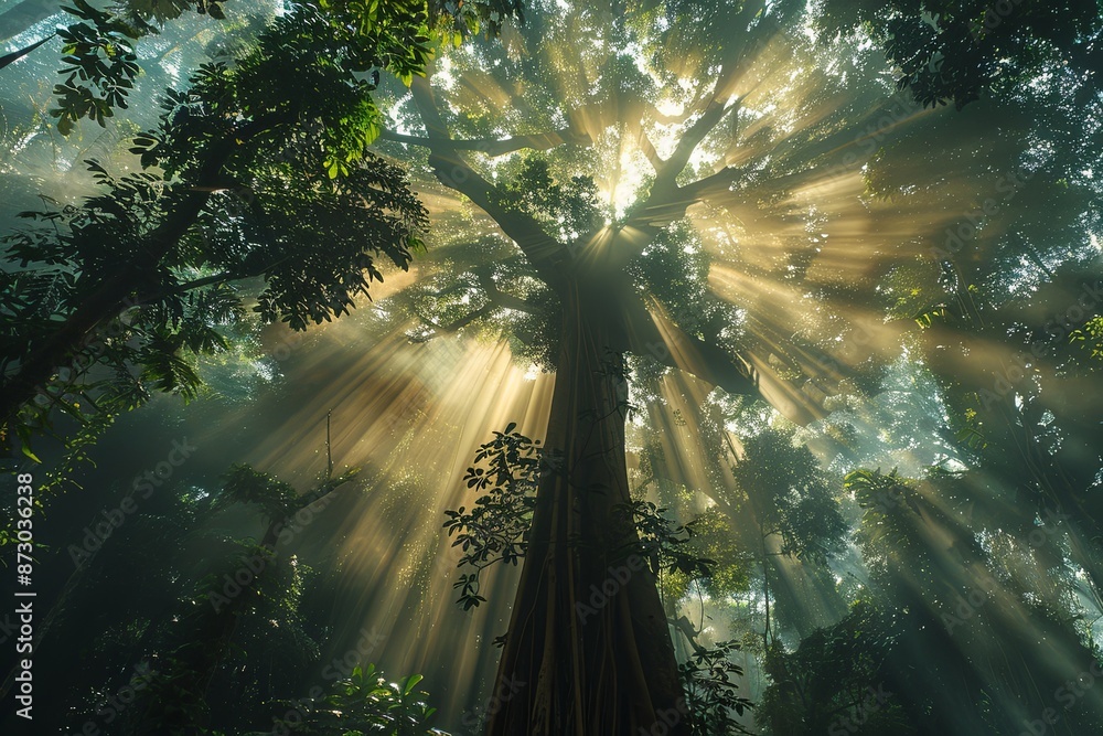 Aufkleber sunlight streams through the dense canopy of a towering ancient forest, illuminating the lush greene