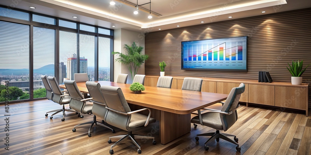 Poster modern conference room with sleek tv screen displaying data analysis dashboard, awaiting presentatio
