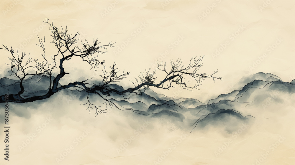 Poster a tree branch is shown in a painting with mountains in the background. the painting has a serene and