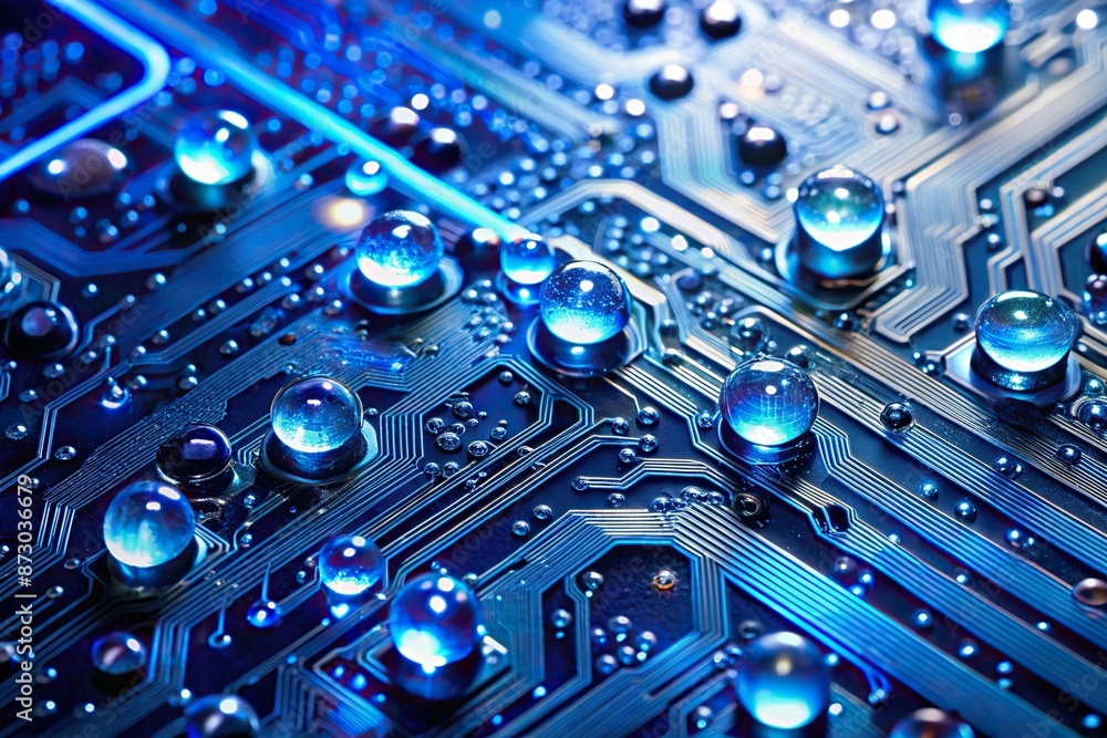 Poster microscopic view of water droplets on a futuristic blue circuit board with shimmering lights and wir