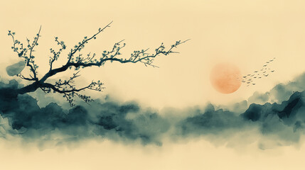 Fototapeta premium A painting of a tree with a sun in the background. The sky is cloudy and the sun is setting