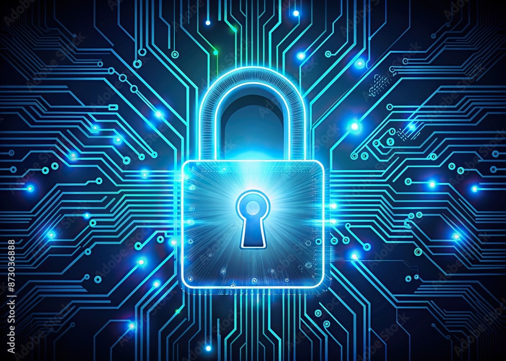 Poster electronic circuit futuristic neon padlock. copy paste empty place for text. cyber, personal data, p