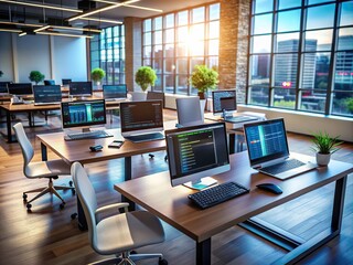 Modern development environment with multiple screens, laptops, and devices displaying code, diagrams, and data, surrounded by empty chairs, highlighting collaborative coding process.