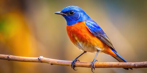 Obraz premium Vibrant orange and blue bird perches on a branch, positioned perfectly within the frame, following the rule of thirds, against a soft, blurred background.