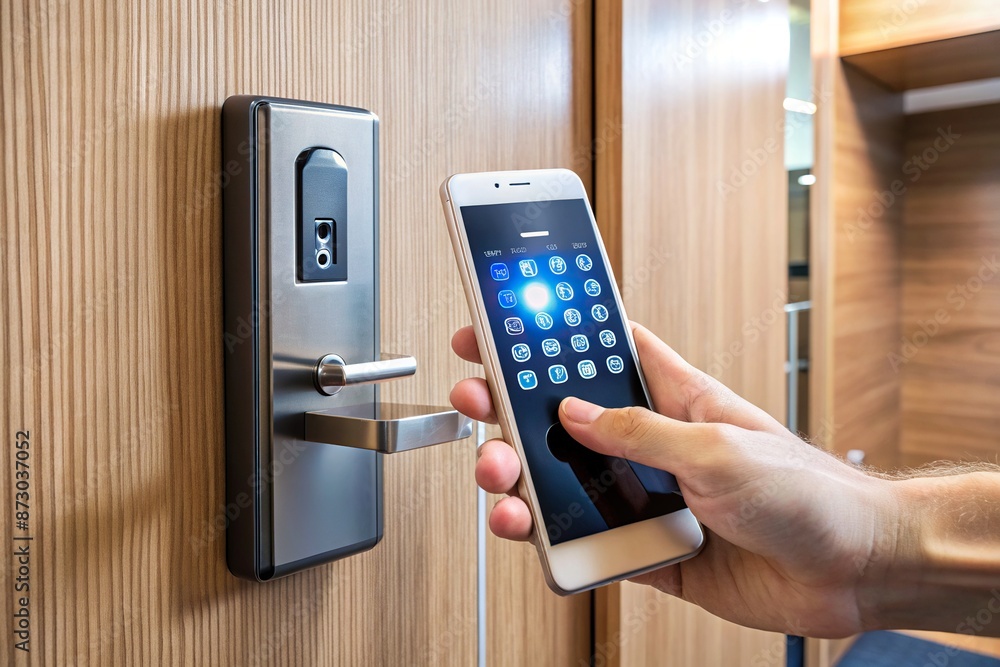 Poster finger hovering over touchscreen keypad on modern smartphone and digital door lock, secure access to