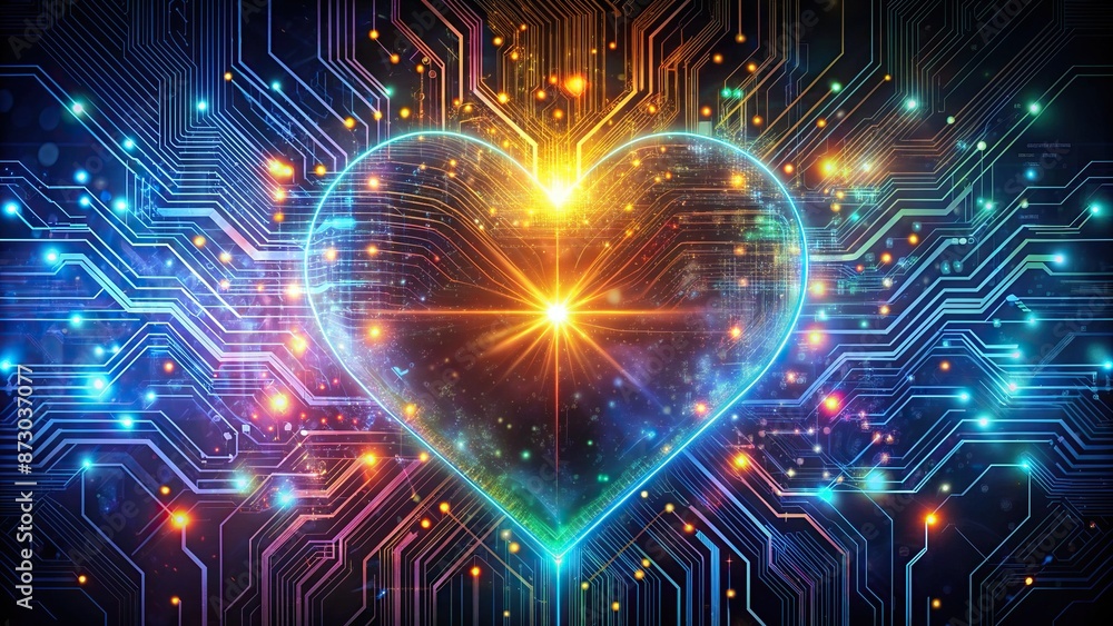 Poster sleek, glowing circuits and swirling data streams merge with ai-inspired patterns, forming a futuris