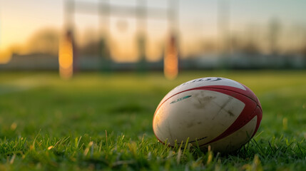 A rugby ball on the grassy field