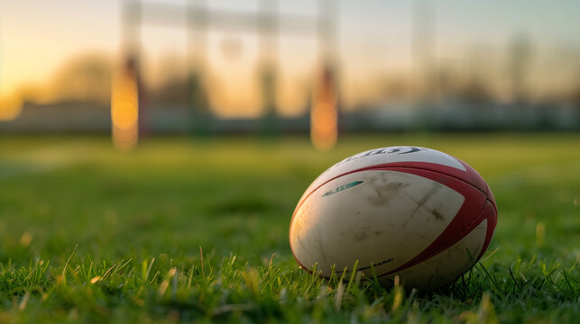 A rugby ball on the grassy field