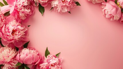 Obraz premium Pink peonies wreath with paper on pink backdrop Top down view with room for text Elegant mockup for Valentine s or Mother s Day