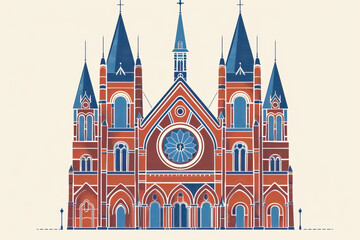 Fototapeta premium Risograph riso print travel poster, card, wallpaper banner illustration, modern, clear, simple of Notre-Dame Basilica, Montreal, Canada. Artistic, landmark printing, stencil backdrop background