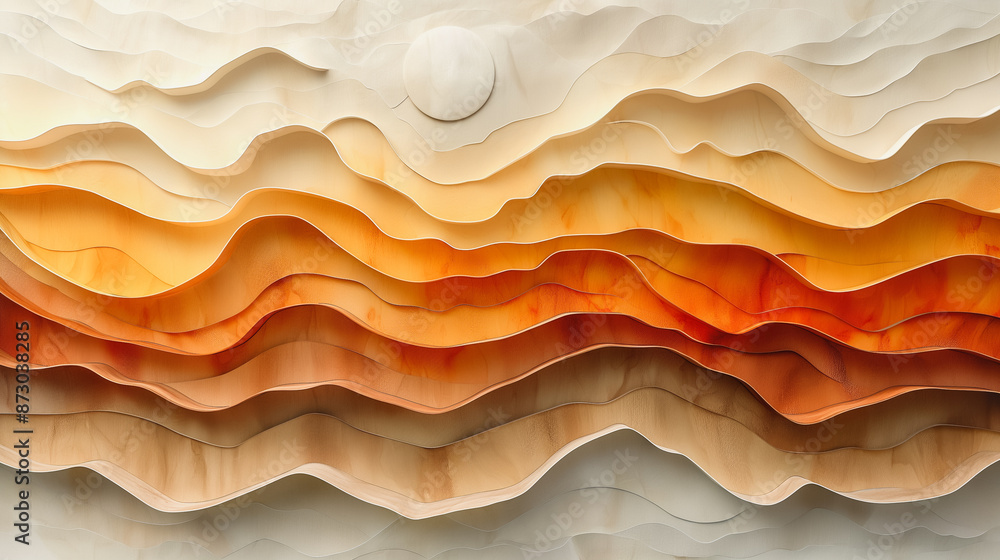 Poster a wave-like pattern with a mix of orange and white colors. the pattern is abstract and he is made up