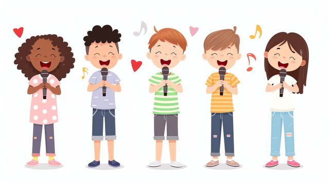 Five happy kids singing with microphones. Diverse group of children enjoying music together.