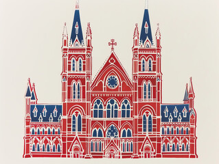 Fototapeta premium Risograph riso print travel poster, card, wallpaper banner illustration, modern, clear, simple of Notre-Dame Basilica, Montreal, Canada. Artistic, landmark printing, stencil backdrop background