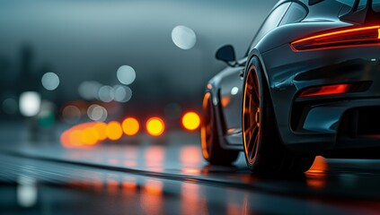 Dynamic Close-Up of a High-Speed Sports Car Race Track at Dusk with Motion Blur, Essence of Speed Performance Luxury Racing
