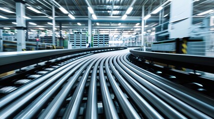 Efficient Industrial Conveyor Belt System in Manufacturing Facility Moving Goods Along Assembly Line