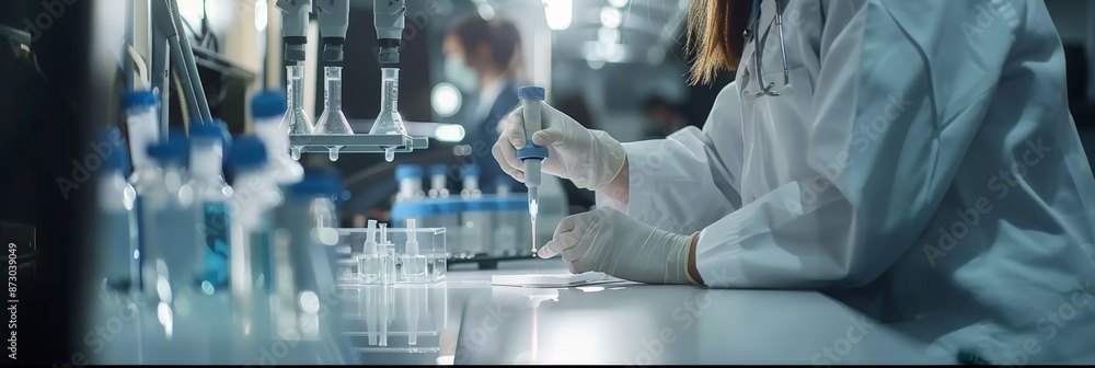 Poster scientist working in a high-tech laboratory with various scientific equipment. advanced research and