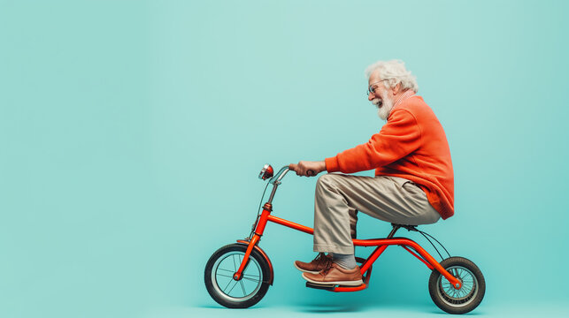 A senior man playfully riding a tricycle against a pastel blue background, symbolizing youthful spirit