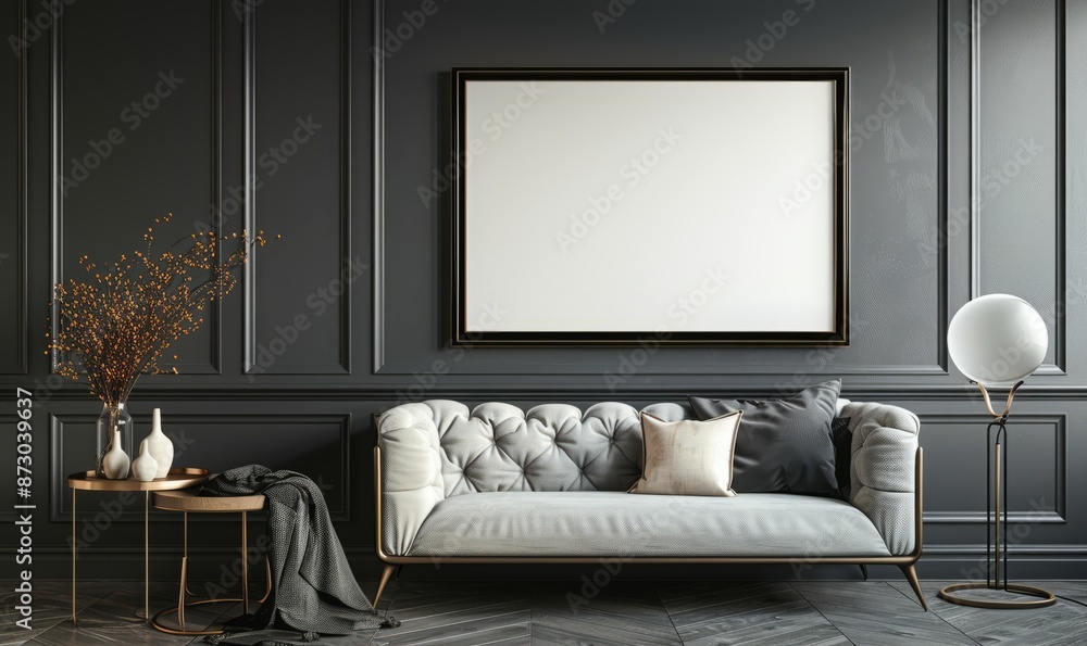 Poster dark grey smooth wall with a mock-up of a black photo frame with a white canvas inside it