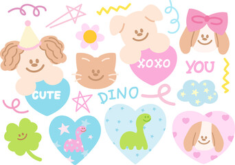 Pastel illustrations of puppy, cat, dinosaur, heart, clover leaf, star, flower, cloud for cartoon, character, comic, mascot, cute patches, plush toy, doll, happy emoji, animal print, icon, sticker set