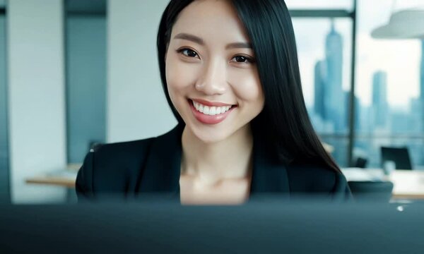 Japanese businesswoman operating a computer in her office. 