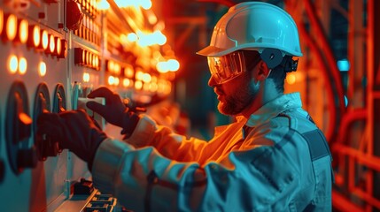 Industrial Worker in Safety Gear Operating Control Panel with Vibrant Orange Background for Text Insertion