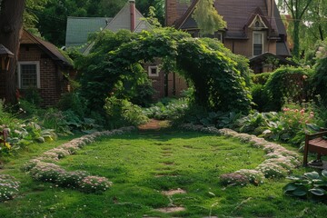 Lush Green Backyard With Stone Pathway and Vine-Covered Archway on Sunny Day