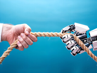 Human vs Robot Tug of War, Competition, Technology and Human Interaction, Blue Background