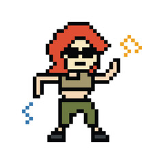 Naklejka premium Cute pixel cartoon 8bit character woman exercises training dance lifestyle music decoration life style 8 bit female girl dance with music game fitness isolated PNG vector.