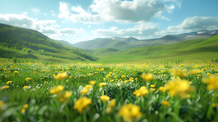 Beautiful Alpine Green Meadow with Yellow Flowers and Hills