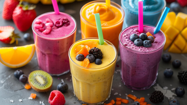 glasses of various smoothies with straws for healthy dieting breakfast. Vibrant smoothie bowls adorned with assorted toppings. Assorted fruits prepared for smoothie, healthy for our organism. 