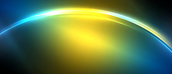 Neon glowing circle rays, light round lines in the dark, planet style neon wave lines. Energetic electric concept design for wallpaper, banner, background