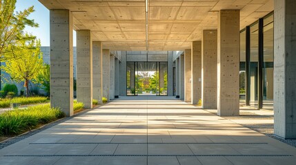 Modern concrete architectural structure with angled columns and large windows, capturing natural light and shadows, emphasizing contemporary design