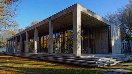 Modern concrete architectural structure with angled columns and large windows, capturing natural light and shadows, emphasizing contemporary design