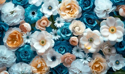 Floral Wallpaper with Multicolored Flowers. Colorful Mother's Day Background with Turquoise, Blue and White Roses.