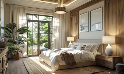 Fresh American style bedroom with coastal scenery outside the window and ceiling