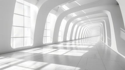 Abstract white architectural space with clean lines and shadows, featuring minimalist design and a sense of depth, emphasizing modern architecture