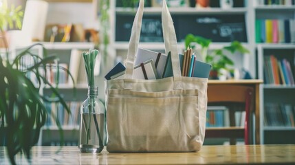 Eco-friendly tote bag filled with books and stationery on a wooden table, in a modern, cozy library setting.