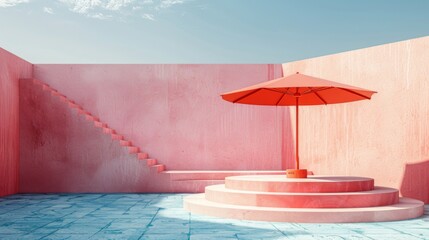 Pink Concrete Patio with Red Umbrella