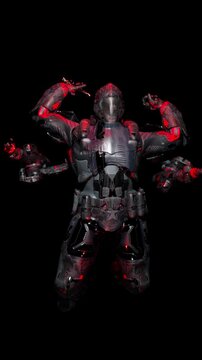 cyborg warrior with AGI (Artificial general intelligence), jumps into a fighting stance, black background, 3d rendering