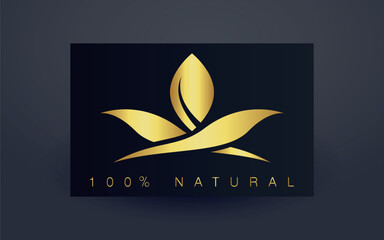 Golden eco emblem. The label with the inscription is organic. Vector icon isolated on a dark background.