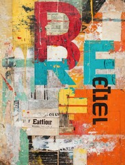 Fototapeta premium A poster written on it in a collage style, with bold text in red and blue, on an abstract background of orange, yellow, turquoise, and white, with vintage magazine cutouts, newspaper clippings.