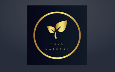 Golden eco emblem. The label with the inscription is organic. Vector icon isolated on a dark background.