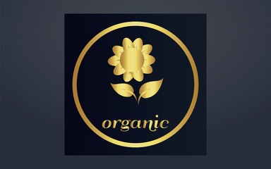 Golden eco emblem. The label with a flower and an inscription is organic. Vector icon isolated on a dark background.