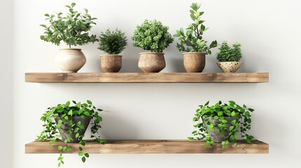 Wooden shelf with indoor plants and flowers on a white wall