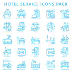 Hotel service black blue color icons pack, contain room service, parking, restaurant, gym, laundry and more. use for modern concept UI and UX kit, app and web development. Vector EPS 10.