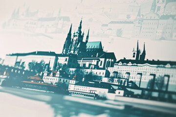 Naklejka premium Risograph riso print travel poster, card, wallpaper or banner illustration, modern, isolated, clear and simple of Prague Castle, Prague, Czech Republic. Artistic, screen printing, stencil backdrop bac