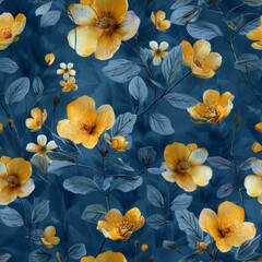 watercolor Desert evening primroses in soft yellows and whites, gentle glow patterns, twilight blue background, serene and luminous, seamless repeating pattern, minimal pattern