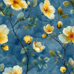 watercolor Desert evening primroses in soft yellows and whites, gentle glow patterns, twilight blue background, serene and luminous, seamless repeating pattern, minimal pattern