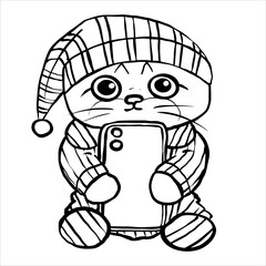 Cat in pyjamas holding a mobile phone, vektr, line art