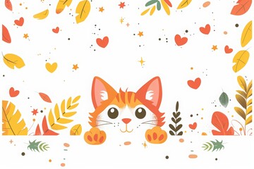 cute cat with the text International Cat Day. A simple background with heart and paw patterns around the edges and a large empty space in the center for copy